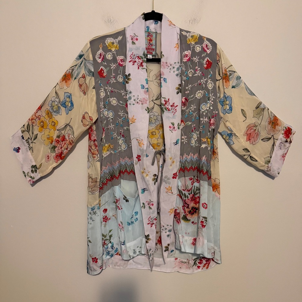 Johnny Was Patel Floral Silk Embroidered Kimono XS open front boho artsy resort